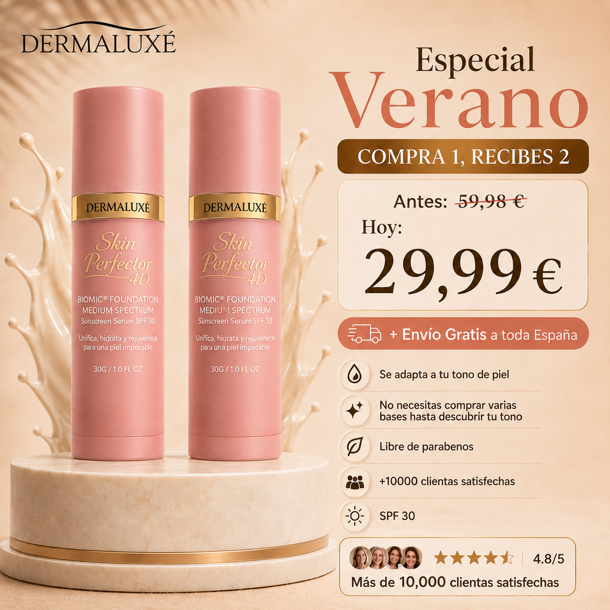 Dermaluxe -  Base 4 en 1 con SPF 50 | Se adapta a tu tono en segundos