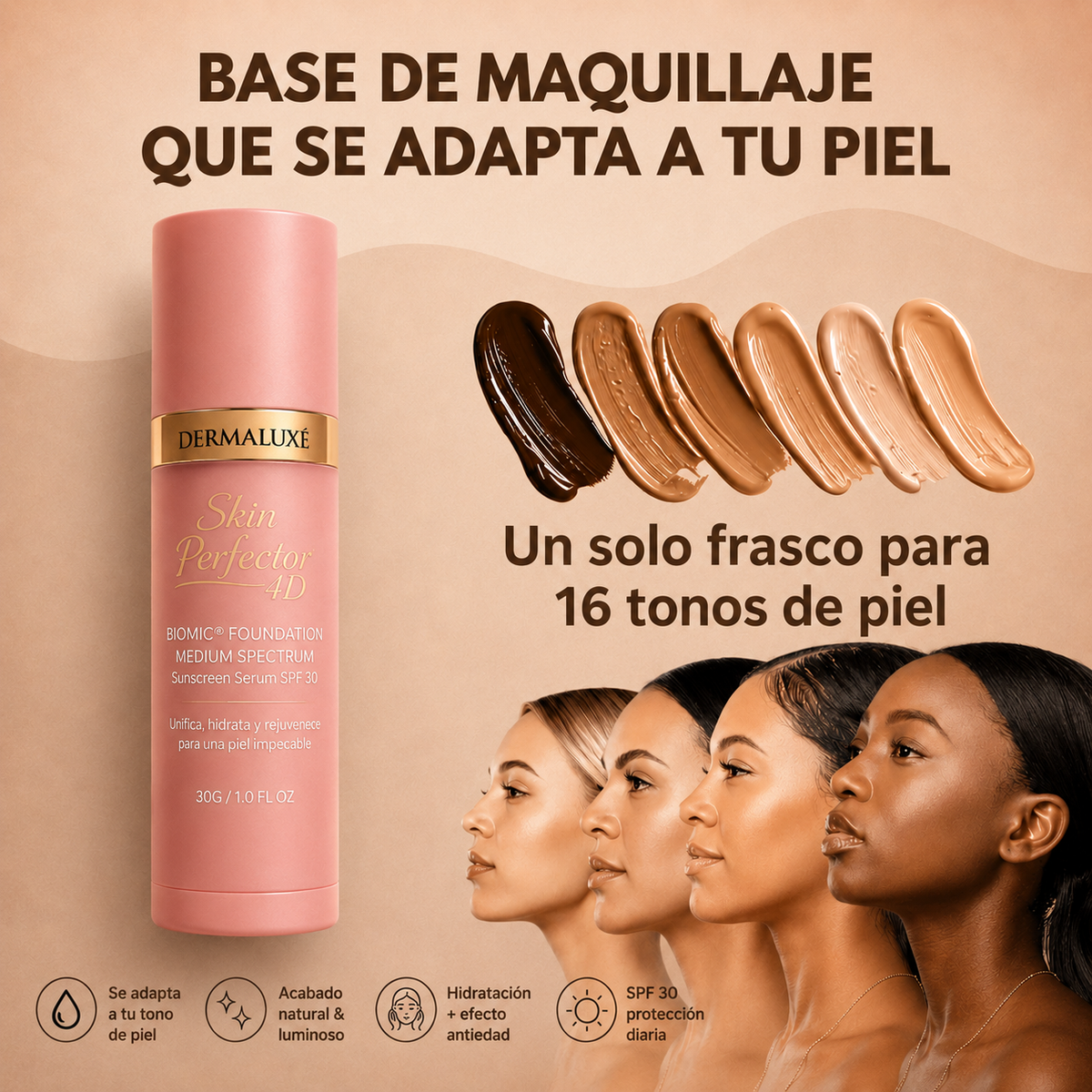 Dermaluxe -  Base 4 en 1 con SPF 50 | Se adapta a tu tono en segundos