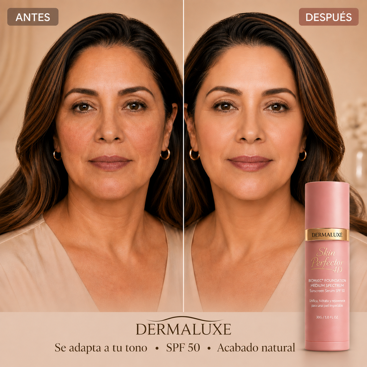Dermaluxe -  Base 4 en 1 con SPF 50 | Se adapta a tu tono en segundos