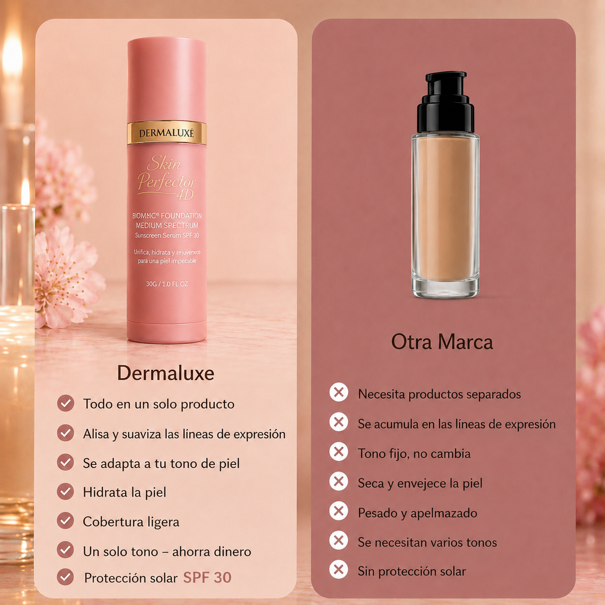 Dermaluxe -  Base 4 en 1 con SPF 50 | Se adapta a tu tono en segundos